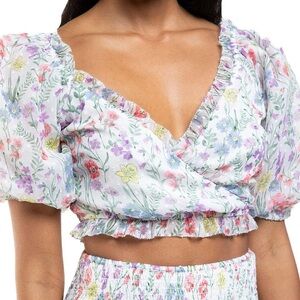 Saylor Floral Teryn Print crop puff sleeve floral smocked back top size XS